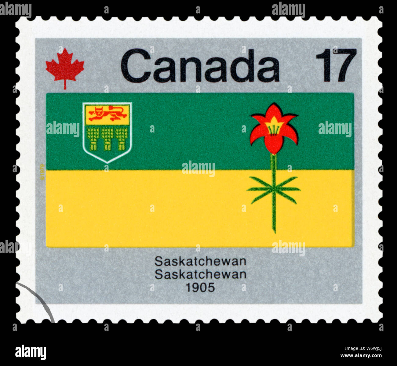 CANADA - CIRCA 1979: A stamp printed in Canada from the `Canada Day. Flags` issue shows Saskatchewan flag, circa 1979. Stock Photo